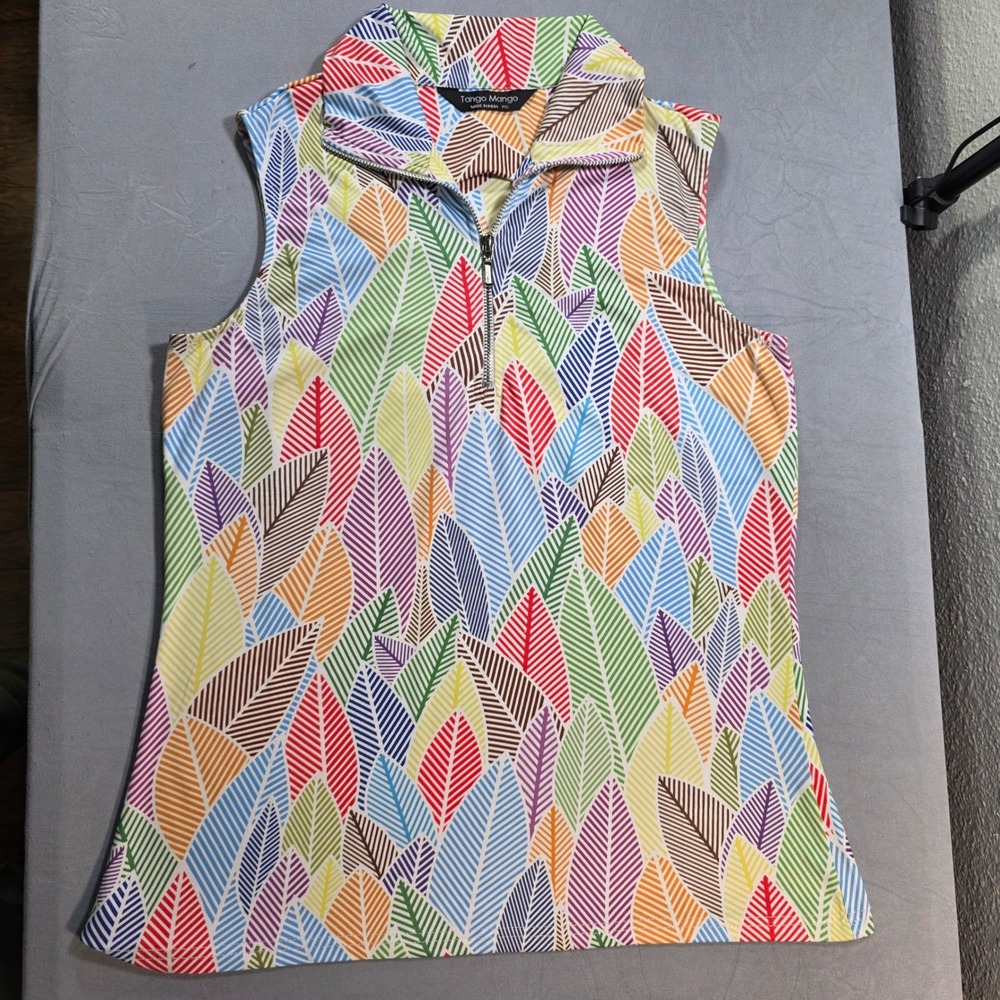 Tango Mango Womens Small Multicolor Leaf Print Quarter Zip Sleeveless Top P/S